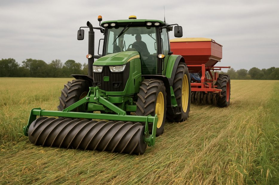 Roller crimper in action creating a uniform mat of cover crops